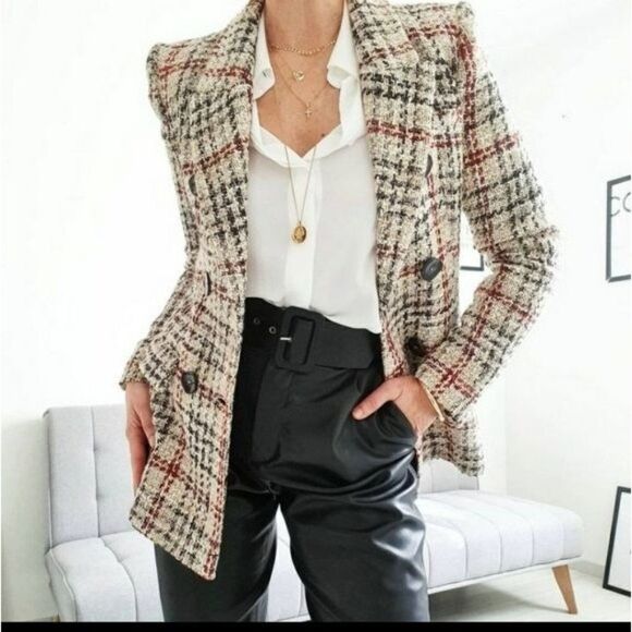 Zara Long Sleeve Double Breasted Woven Lined Blazer Front Flap Pockets Medium - Picture 3 of 16